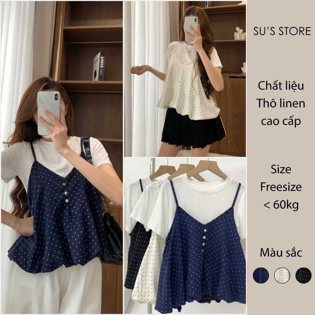 Set Yếm Nữ 2 Dây Chấm Bi Dáng Bí Cúc Dọc Kèm Áo Thun Trơn KENCO Clothing SG Thời Trang Nữ M3802 | BigBuy360 - bigbuy360.vn