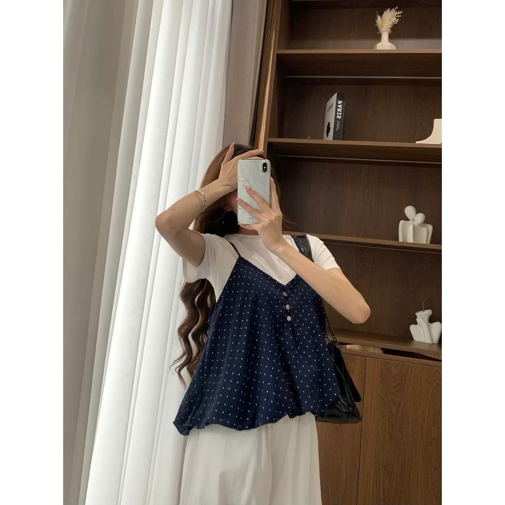 Set Yếm Nữ 2 Dây Chấm Bi Dáng Bí Cúc Dọc Kèm Áo Thun Trơn KENCO Clothing SG Thời Trang Nữ M3802 | BigBuy360 - bigbuy360.vn