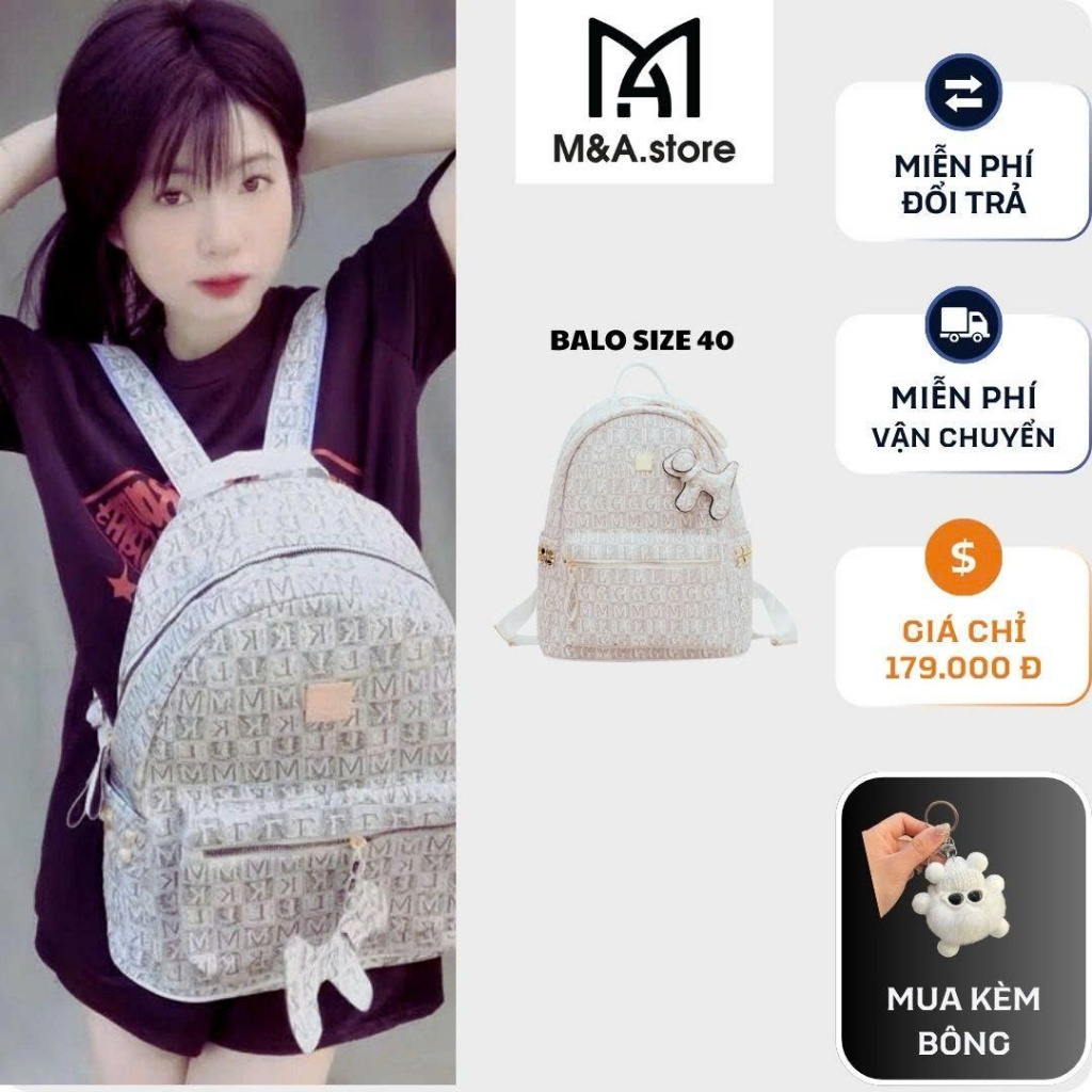 M&A - SALE LỚN-Ba lô đi học đi du lịch da PU hoạ tiết KML size 40 phối móc khoá phiên bản mới nhất BL07