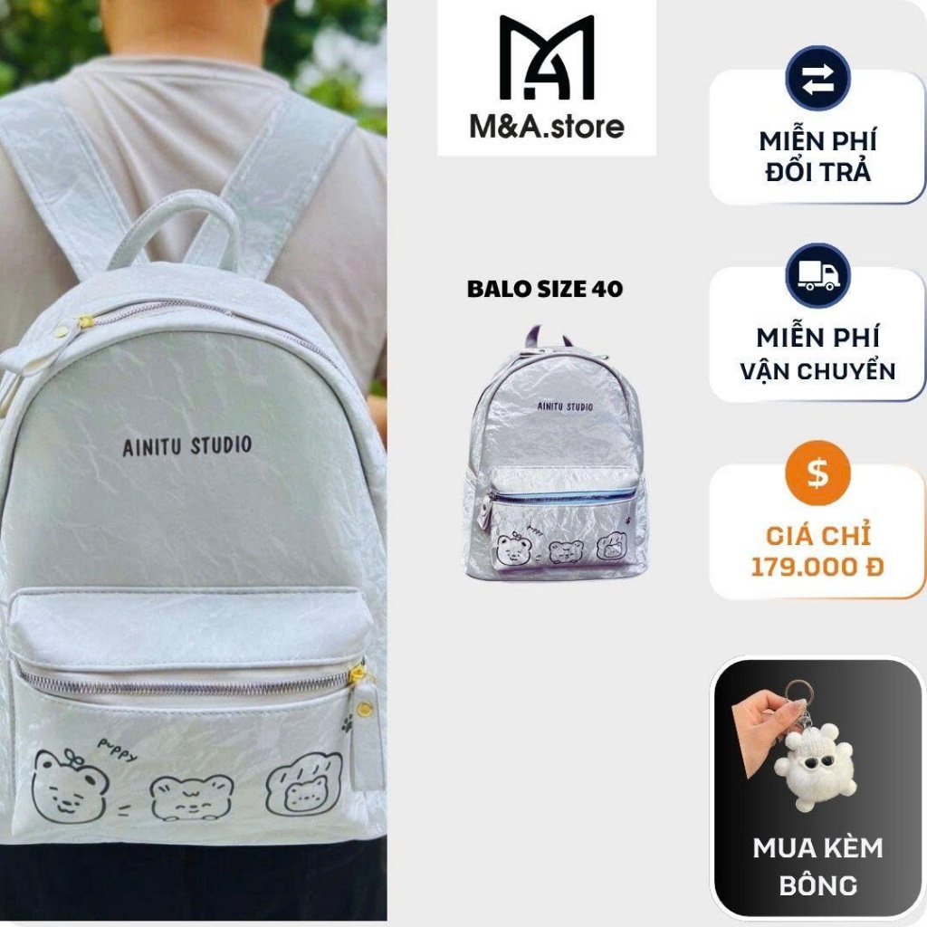 M&A - Balo da nhung họa tiết mèo kitty hàng VN size 40 vừa A4, Laptop 14inch, Atlat địa lý BL00