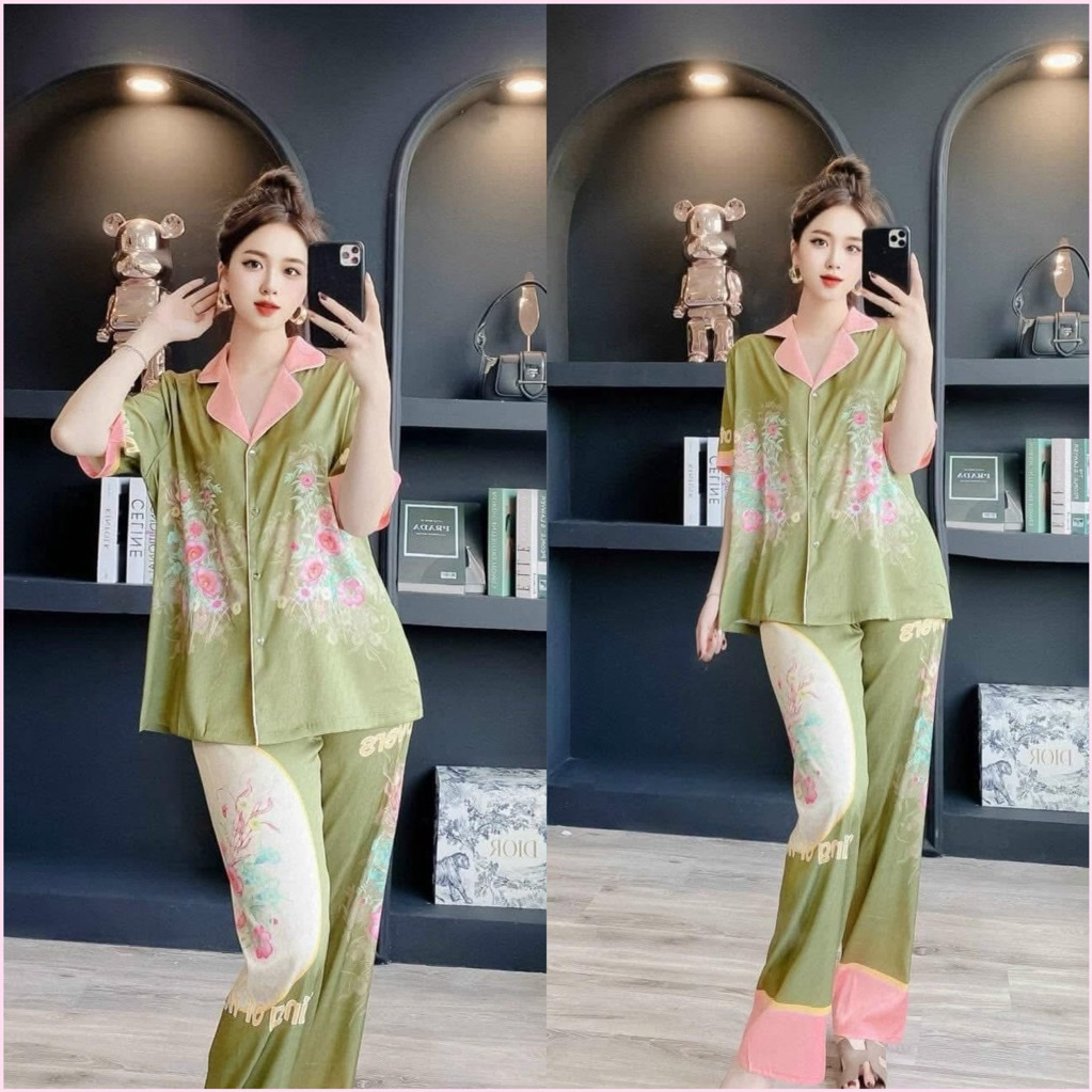 ❤️Hàng QC❤️Pijamas tay ngắn qd xanh viền hồng Isabili_lụa xước tô châu B523.