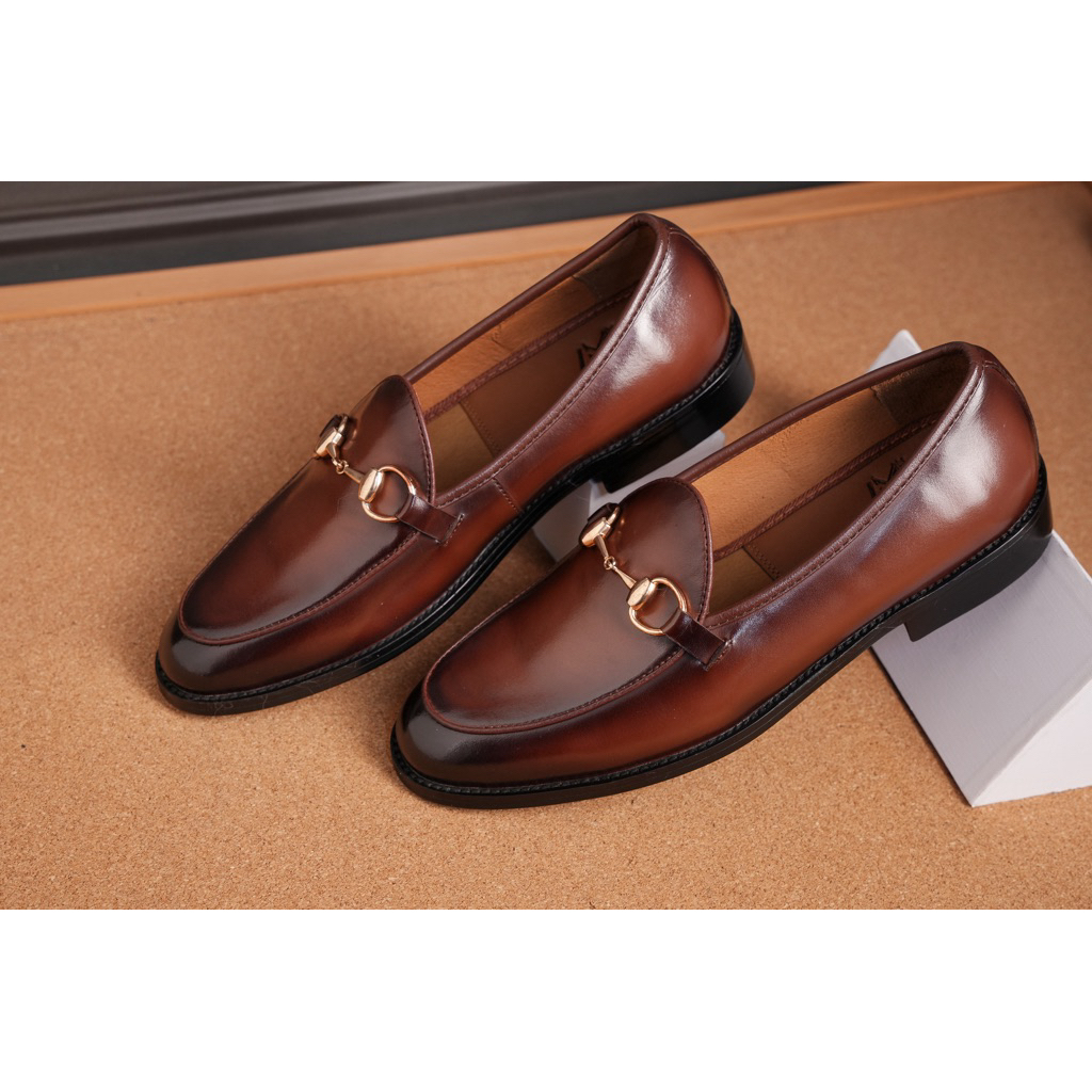 Giày da nam Horsebit Loafer màu nâu coffee Đế gỗ phíp cao cấp