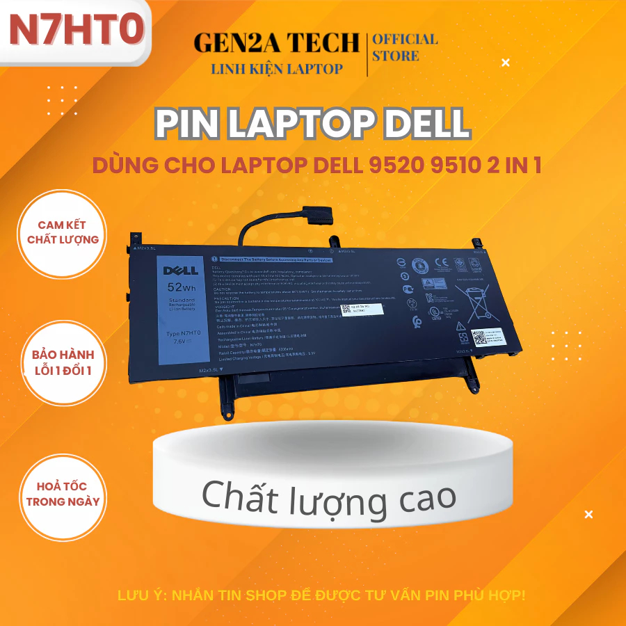 Pin Dell N7HT0 52Wh 7.6V dùng cho Dell XPS 15 9510 9520 (2-in-1) Latitude 9510 9520 - Mã 08NFC7 0HYM