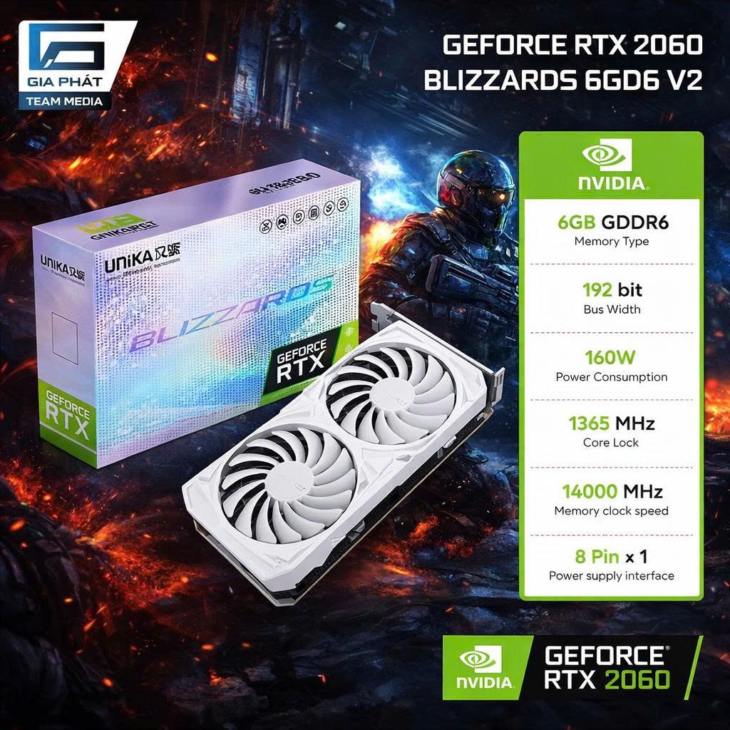 Card màn hình VGA UNIKA GeForce RTX 2060 Blizzards 6G D6 V2 White - Box FV - GPU 6GB GDDR6