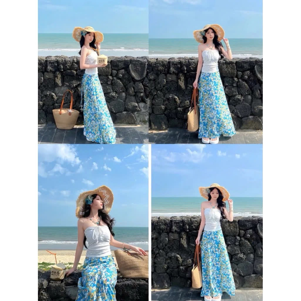 (Cosy) Set thiết kế áo ống ren trắng dây nơ + chân váy midi xanh hoa nhí