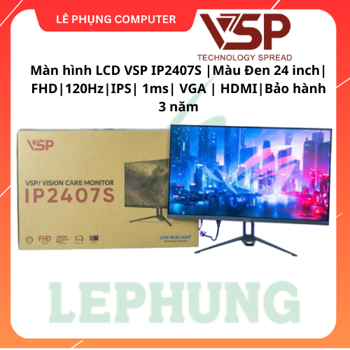 Màn hình LCD VSP IP2407S | Màu Đen |  24 inch | FHD | 120Hz | IPS | 1ms | VGA | HDMI | Bảo hành 3 nă