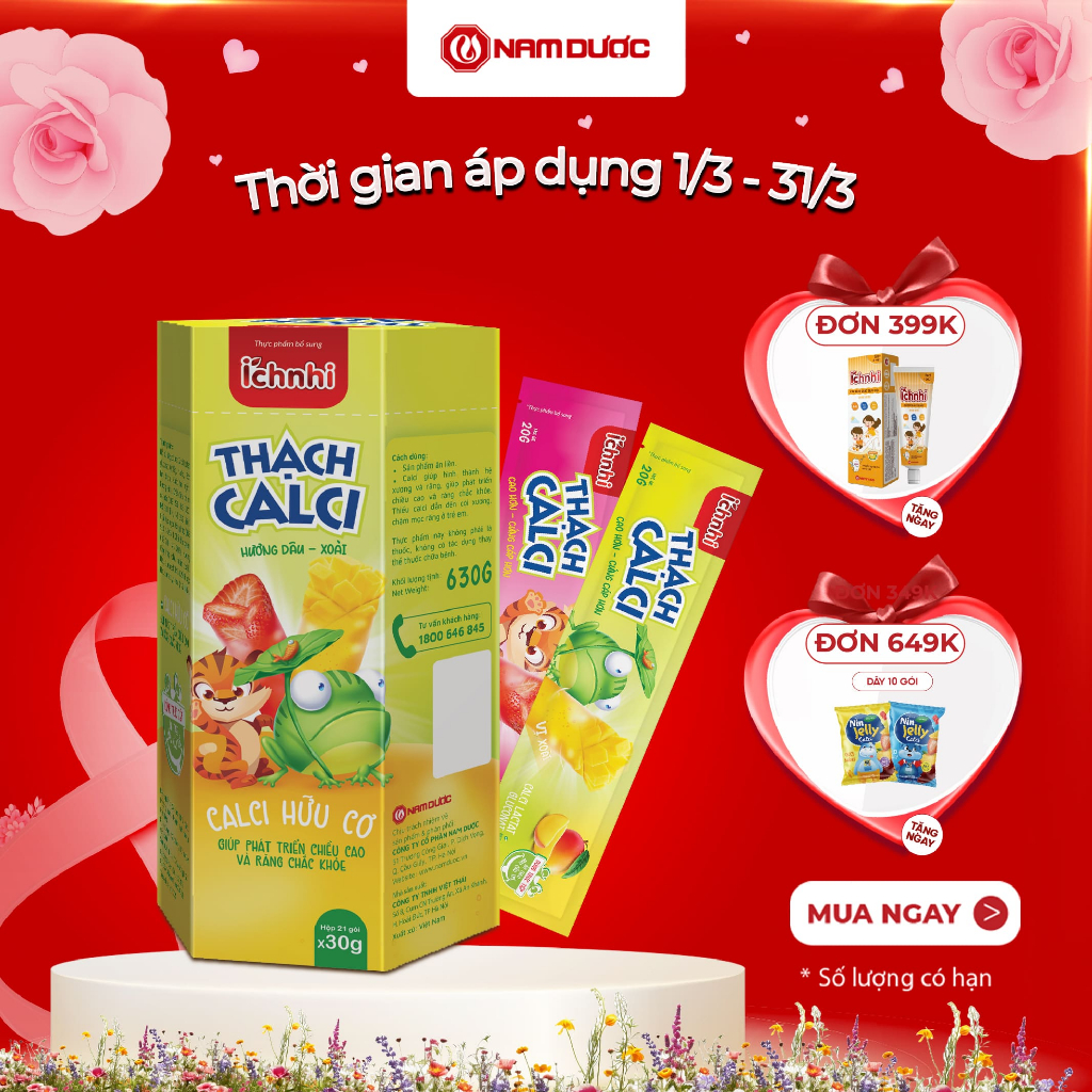 Thực phẩm bổ sung ÍCH NHI THẠCH CALCI HƯƠNG DÂU, XOÀI, bổ sung calci hữu cơ cho bé, Hộp 21 túix30gr