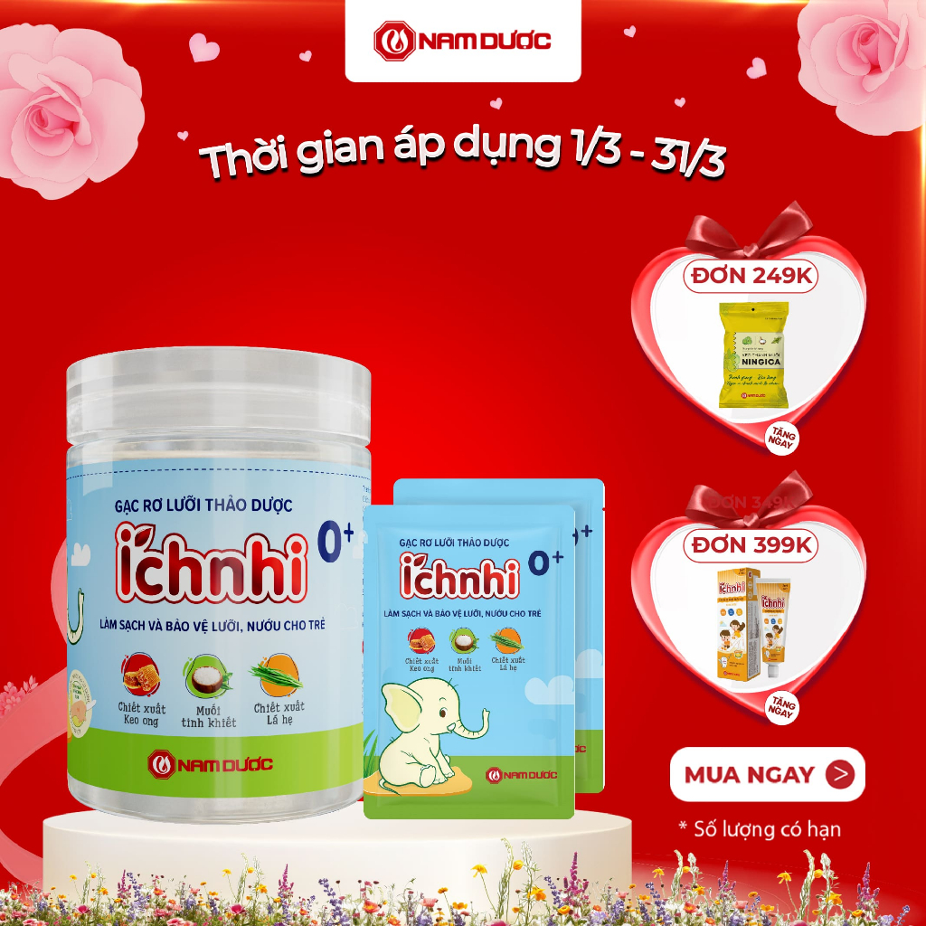 GẠC RƠ LƯỠI THẢO DƯỢC ÍCH NHI 0+ CHO BÉ, Hộp 30 gói x 1 gạc, Giúp làm sạch nướu, lưỡi, răng miệng