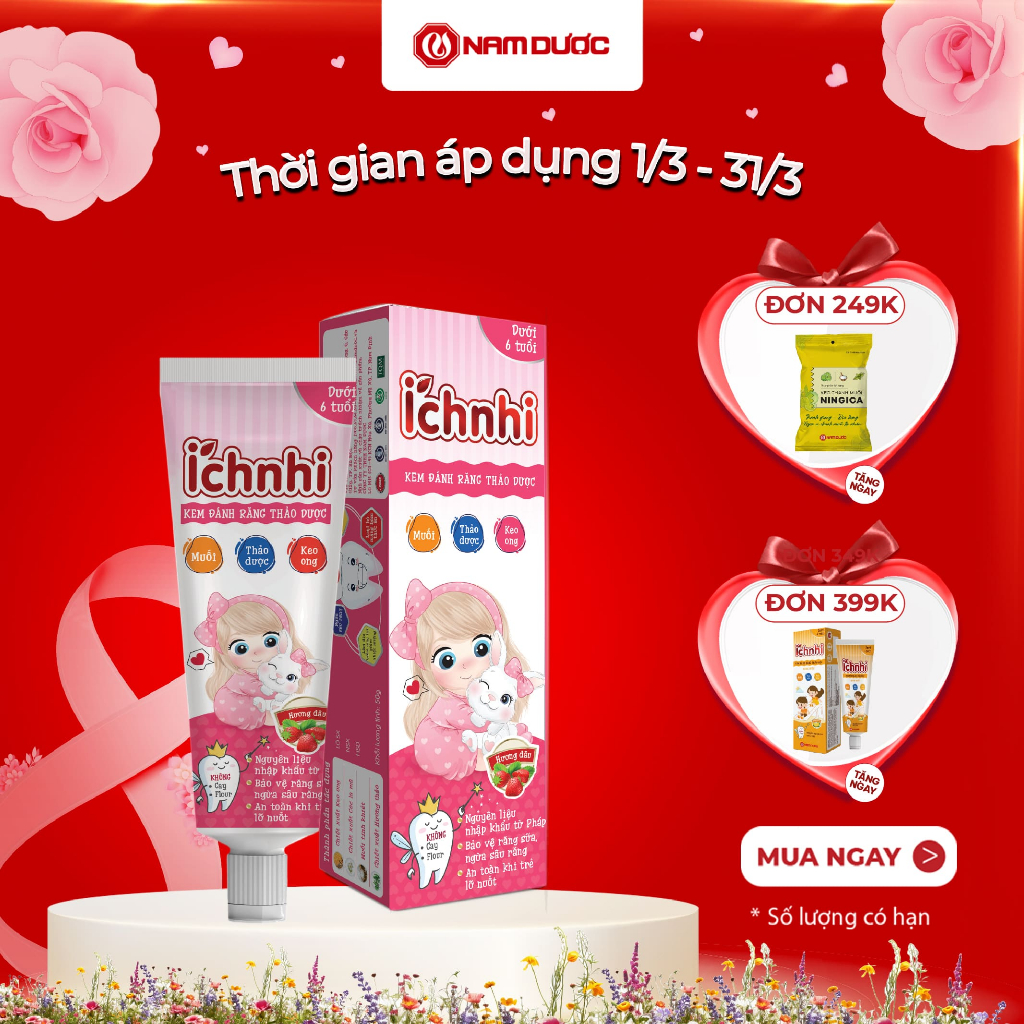 Kem đánh răng thảo dược Ích Nhi hương dâu dưới 6 tuổi, Tuýp 50g, ko chứa flour, Làm sạch răng miệng ở trẻ em