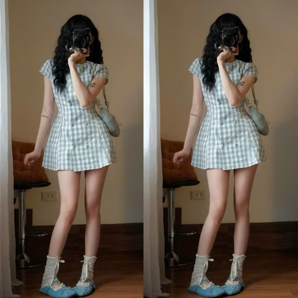 Váy caro Hari pastel dáng chữ A cổ tròn phối nút ngọt ngào 7388 | BigBuy360 - bigbuy360.vn