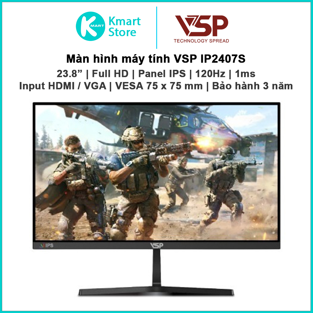 Màn hình máy tính VSP IP2407S | 23.8" / FHD / IPS / 120Hz / 1ms | Input VGA + HDMI | Bảo hành 3 năm