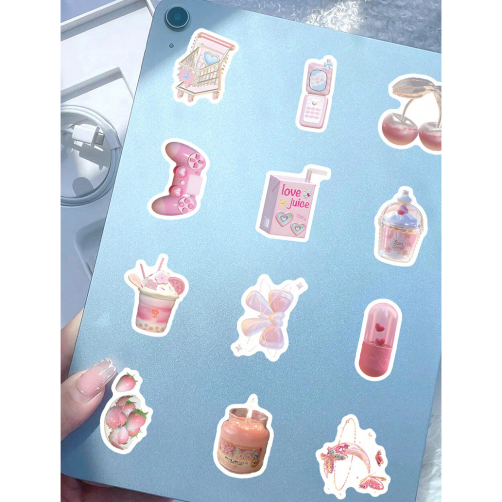 103 Miếng Sticker Pink Aesthetic Ngọt Ngào - Hình Dán Dâu Tây, Donut Trang Trí Laptop, Tablet