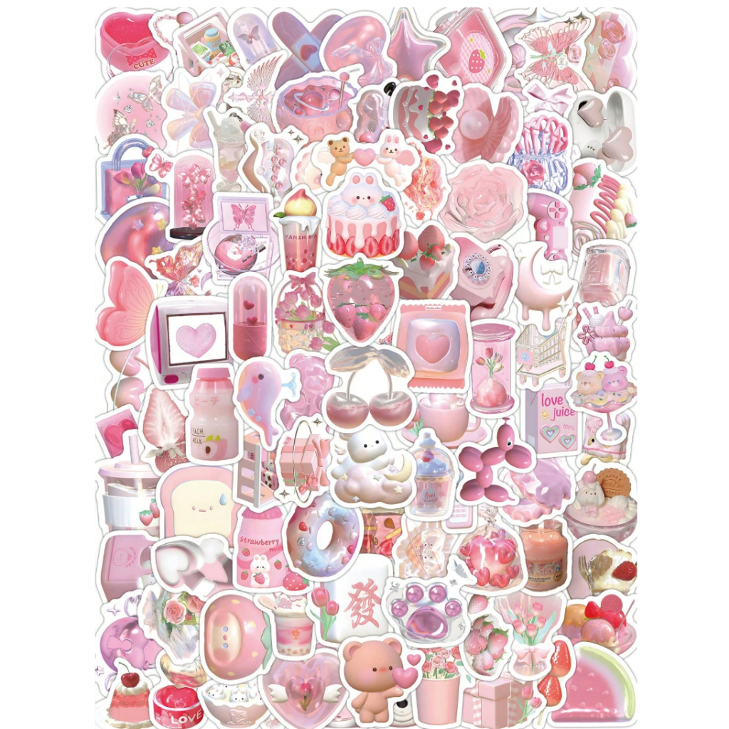 103 Miếng Sticker Pink Aesthetic Ngọt Ngào - Hình Dán Dâu Tây, Donut Trang Trí Laptop, Tablet