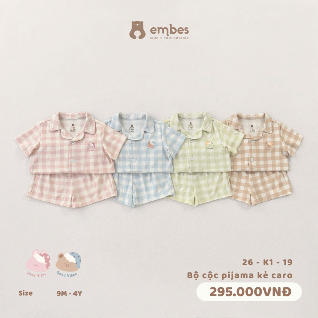 Bộ cộc Pijama kẻ caro thêu hình Embes cho bé trai bé gái. Đồ bộ pijama thoáng mát cho bé BEO.Kids