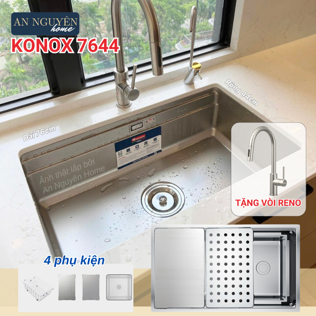 Chậu 1 hố Konox KN7644SU Dekor Hàng Chính Hãng Tặng vòi Reno