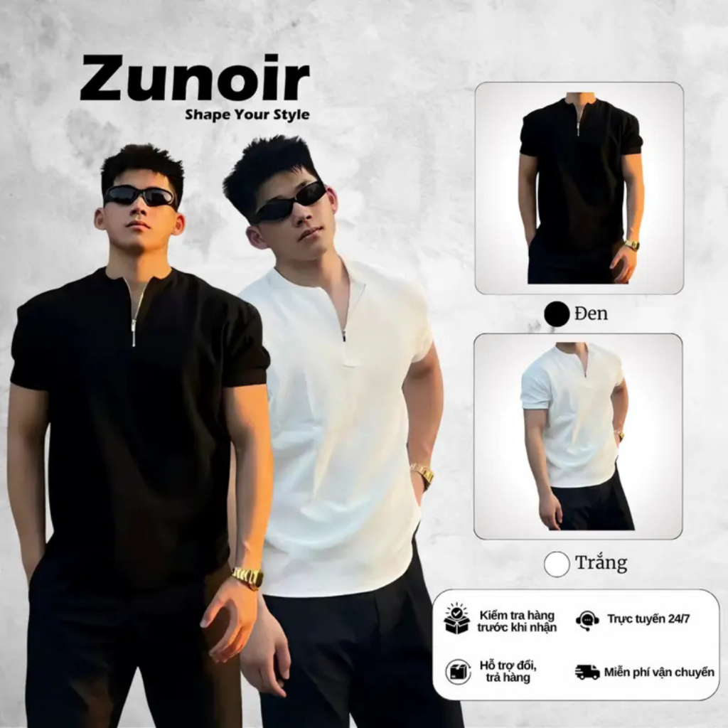 Du Xuân - [ZUNOIR] Áo Thun Zip Mì cổ khoá Z12 Noir Nam – Form Cleanfid, Vải Mì Cao Cấp, Cổ Kéo Khóa 