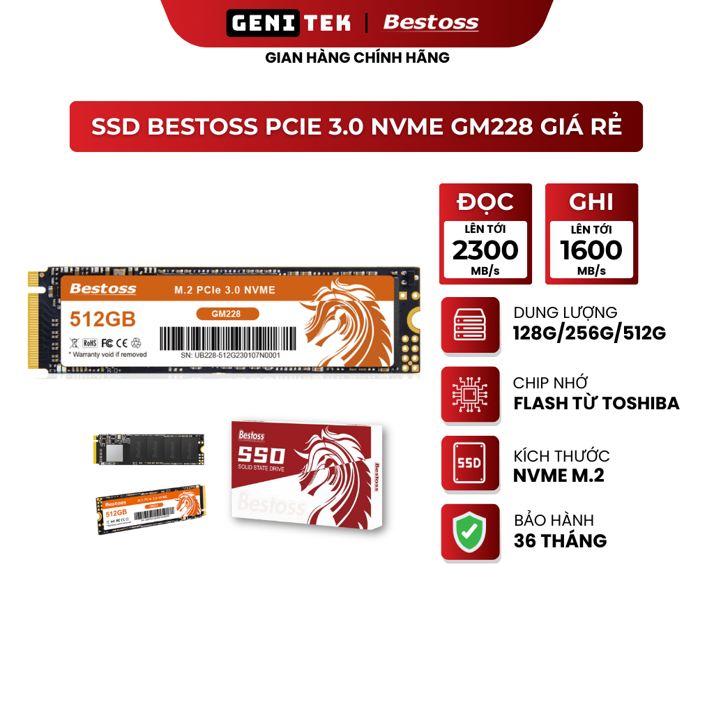 Ổ cứng SSD BESTOSS NVME GM228 Giá rẻ Chuẩn PCIe 3.0 NVME M.2 R2300 W1600 - BH Chính hãng 3 Năm