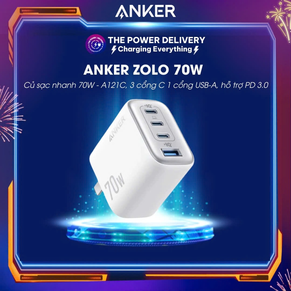 Củ Sạc Nhanh Anker Zolo 70W - A121C, 3Cổng Type C và 1 Cổng USB A, Công Suất 70W, Hỗ Trợ PD 3.0, PPS