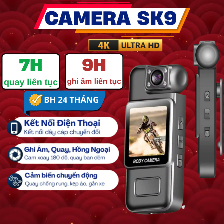 Camera SK9 Plus Màn Hình Led, Camera Gắn Xe, Gắn Áo, Gắn Mũ, Kết Nối Trực Tiếp Điện Thoại Xoay 360