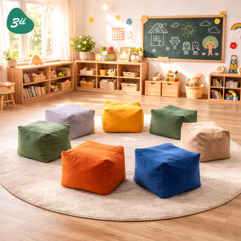 Ghế đôn mầm non 3II HOME vuông | Đôn hạt xốp vải nhung tăm cao cấp dùng cho trường học khu vui chơi