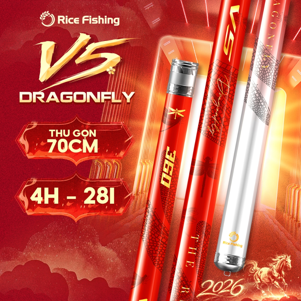 Cần câu đài rút gọn V5 Dragonfly Rice Fishing câu cá trôi, chép, diếc carbon 36T + 40T CC-46