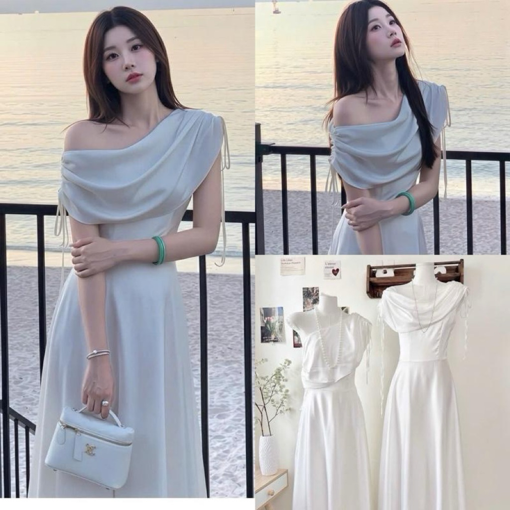 ( Sam’s Clothing ) Đầm lụa midi trắng dáng xoè lệch vai rút dây xinh xắn