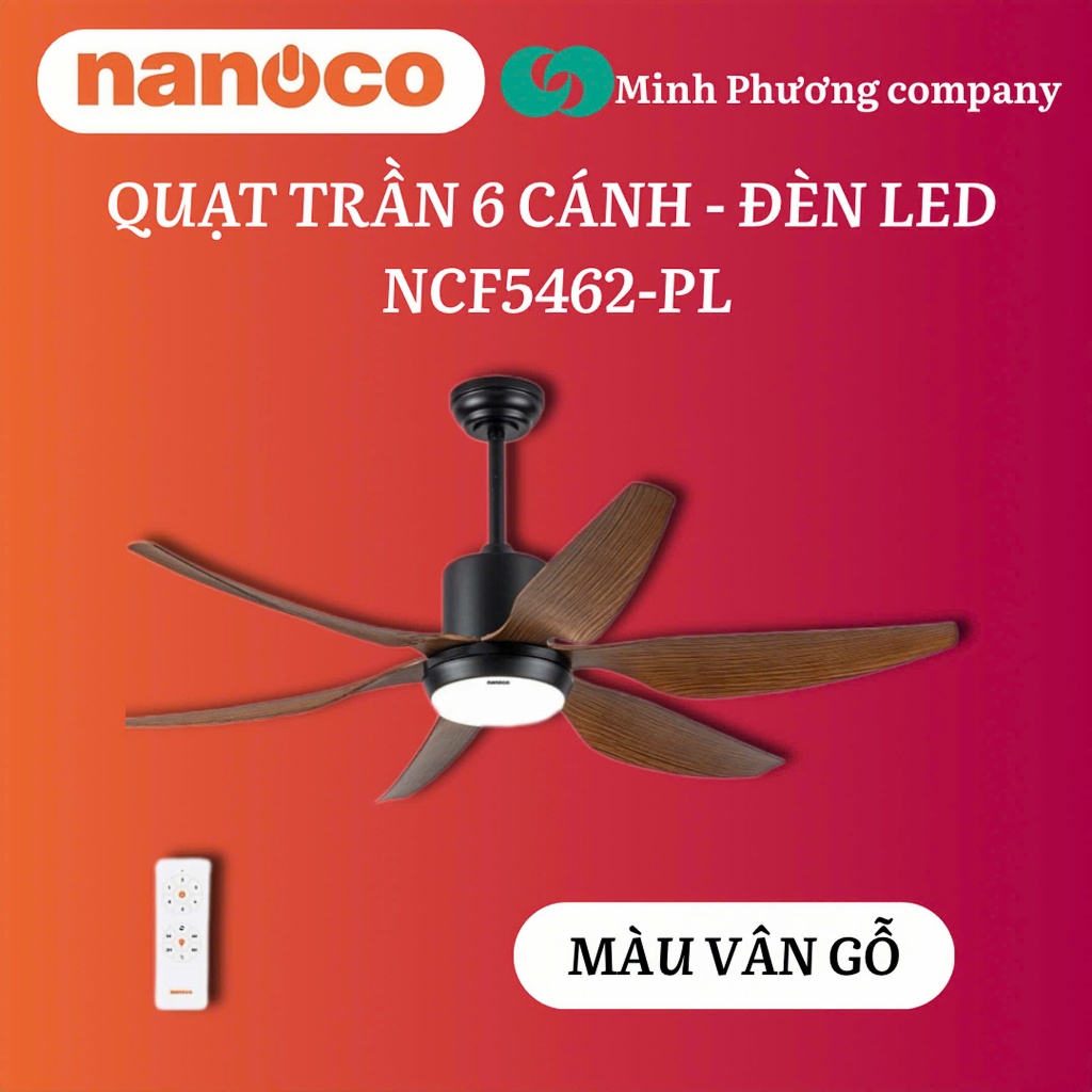 Quạt trần 6 cánh - Đèn LED có remote Nanoco model NCF5462 (Công suất 69W, Động cơ DC, Màu vàng đồng/