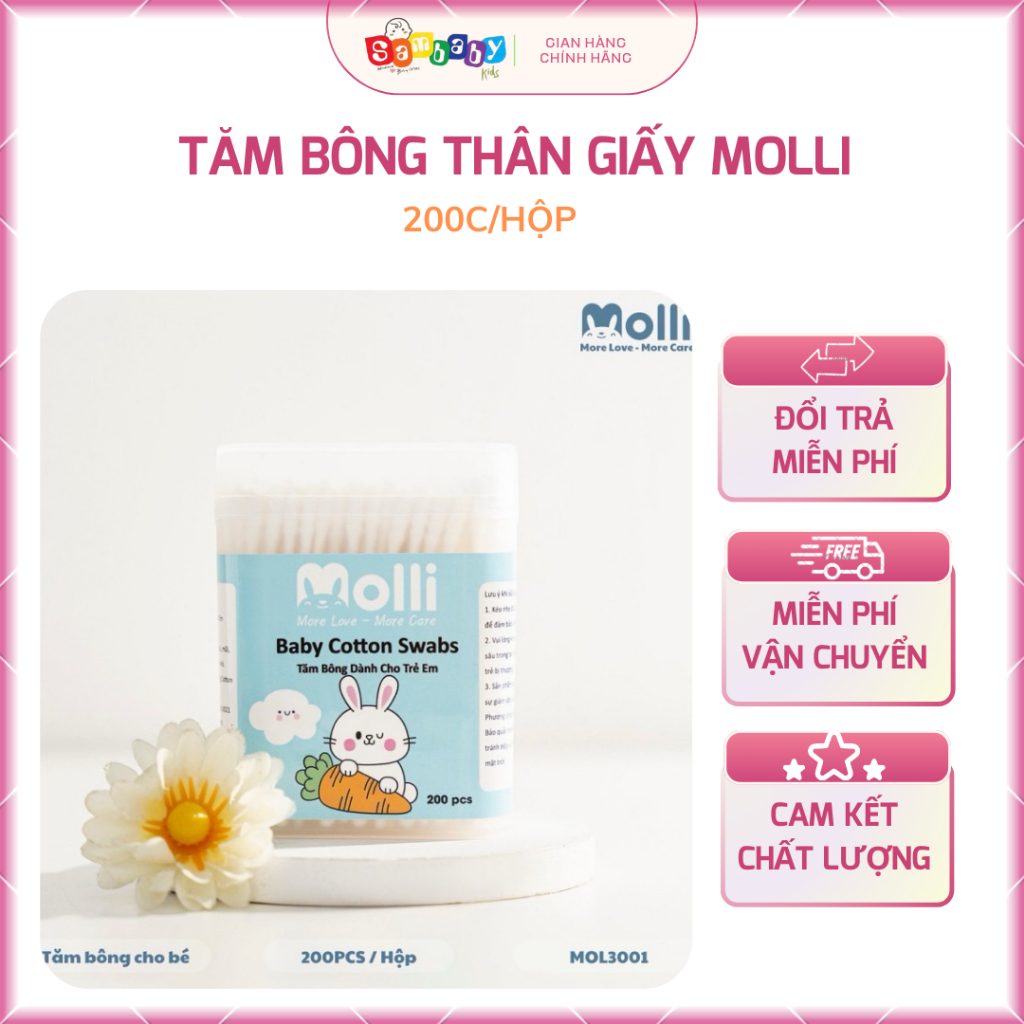 Tăm bông thân giấy Molli cho bé 200c/hộp