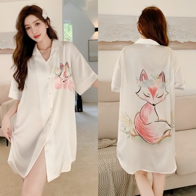 Đầm ngủ sơ mi lụa Latin Hisexy đầm mặc nhà suông rộng thoải mái in hình cao cấp SM16