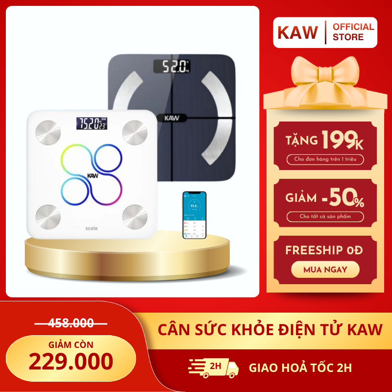 Cân Điện Tử Sức Khỏe Bluetooth KAW, Phân Tích 12 Chỉ Số Cơ Thể Đo Nhanh, Chính Xác