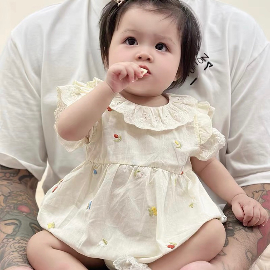 Bodysuit cho bé gái SUSHI BABY SHOP đồ liền thân sơ sinh thêu hoa cổ ren váy mùa hè đầm đầy tháng th