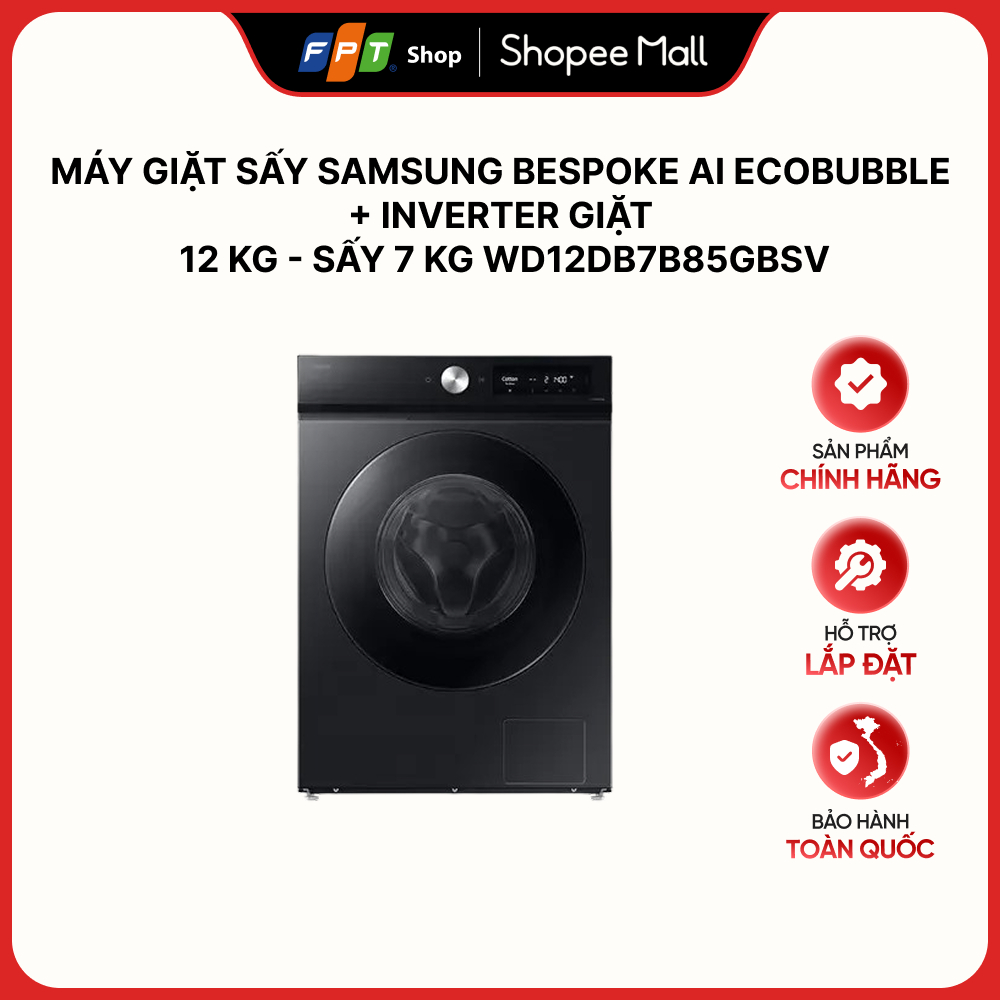 [Hàng chính hãng] Máy giặt sấy Samsung BeSpoke AI Ecobubble+ Inverter giặt 12 kg - sấy 7 kg WD12DB7B85GBSV