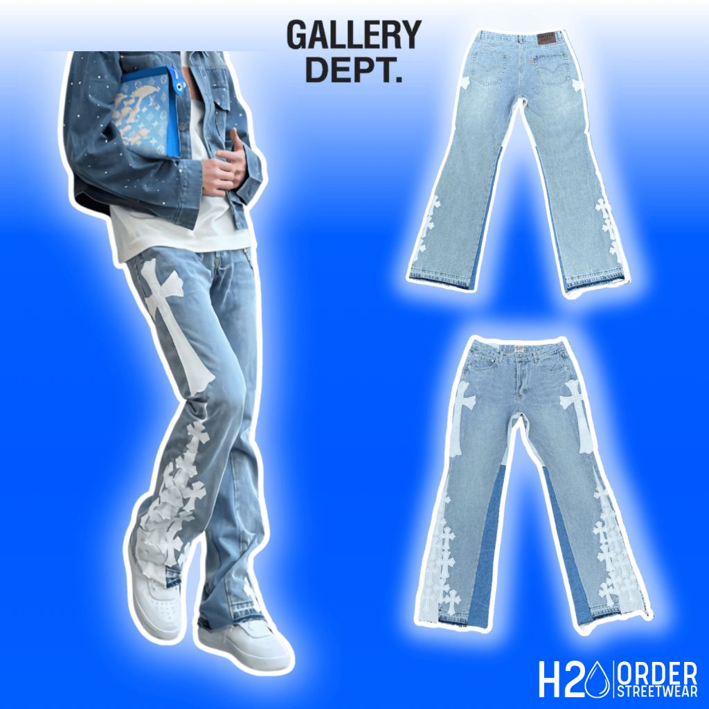 (Best Quality) Quần Jean Ống Loe Gallery Dept x Chrome Hearts, Quần Bò Ống Loe Xanh Thêu Da Thập Tự 