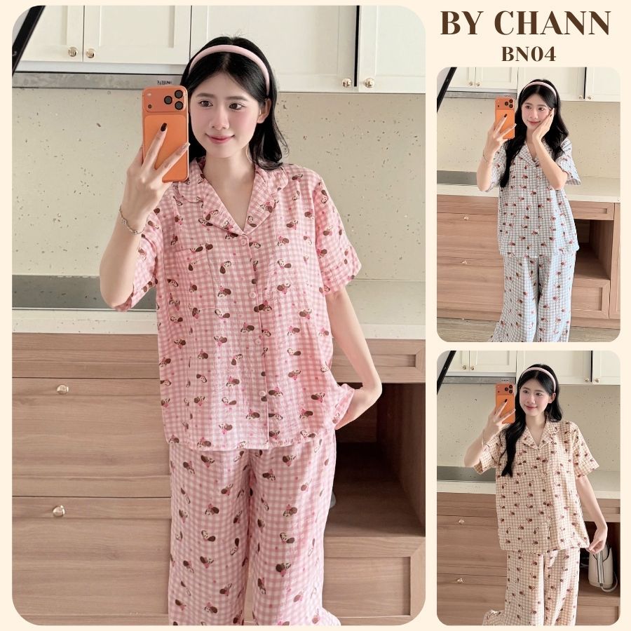 Bộ Đồ Ngủ Pyjamas BY CHANN (BN04) áo cộc quần dài chất liệu đũi mềm họa tiết dễ thương có bigsize 80
