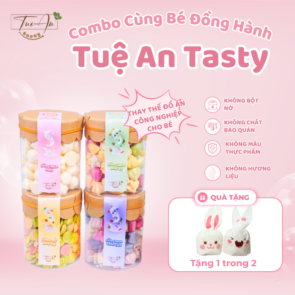 Combo Cùng Bé Đồng Hành 4 Hũ 250ml Bánh Ăn Dặm Dinh Dưỡng Tuệ An Tasty Sữa Chua Khô Mix Vị Trái Cây Lòng Đỏ Rau Củ