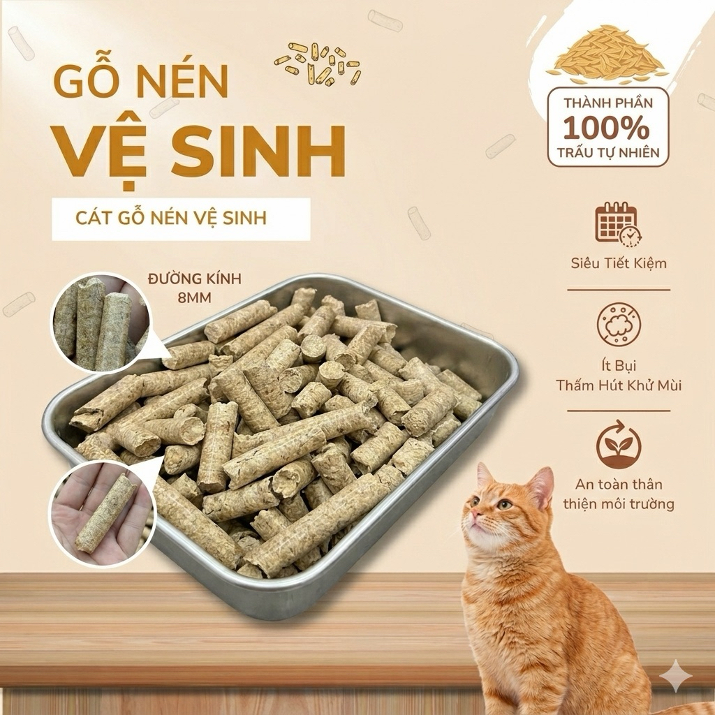 Cát gỗ nén 8mm bao 10kg | Cát vệ sinh cho Mèo