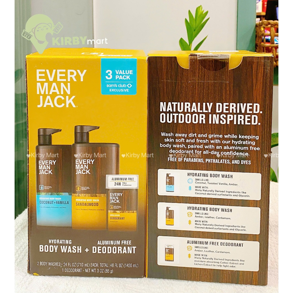 Set tắm gội nam Every Man Jack 3 món: Body Wash 2 chai + Deodorant Aluminum Free
