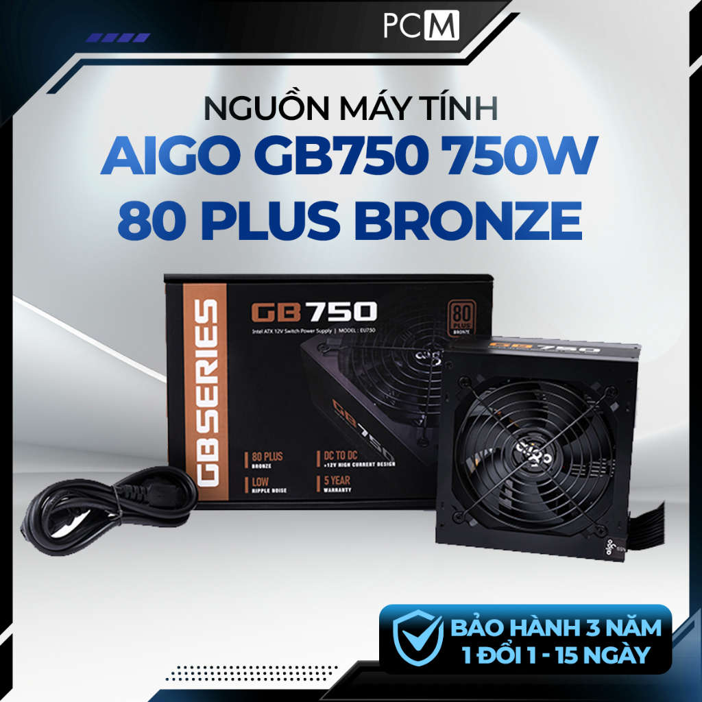 Nguồn Máy Tính AIGO GB750 750W 80 Plus Bronze - PSU ATX -  Active PFC - Non Modular - Dây Dẹt Đen