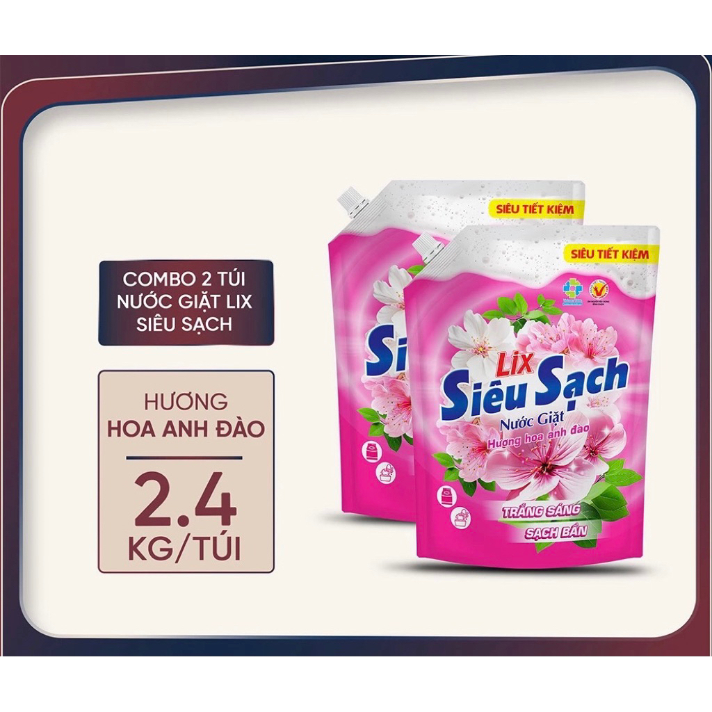 COMBO 2 NƯỚC GIẶT LIX N2503 SIÊU SẠCH HƯƠNG HOA ANH ĐÀO 2,4KG (TÚI)