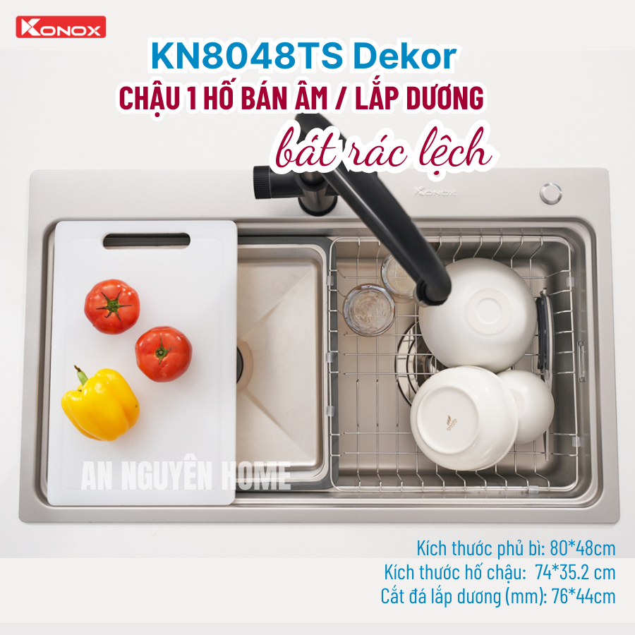 [Giảm 50%] Chậu 1 hố chống xước Konox KN8048TS Dekor bát rác lệch