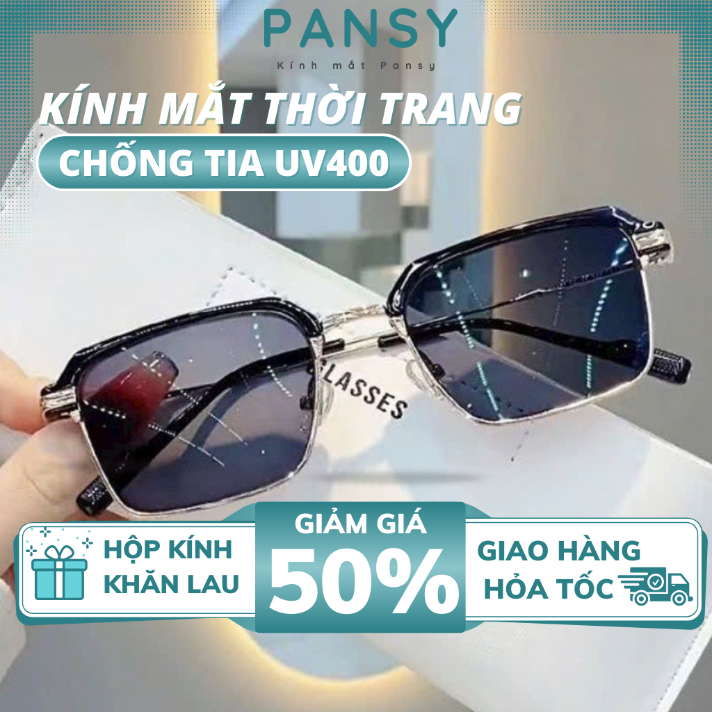 Kính mát vuông nam tròng đổi màu Pansy, Kính thời trang nam nữ phong cách cá tính, thiết kế bền chắc