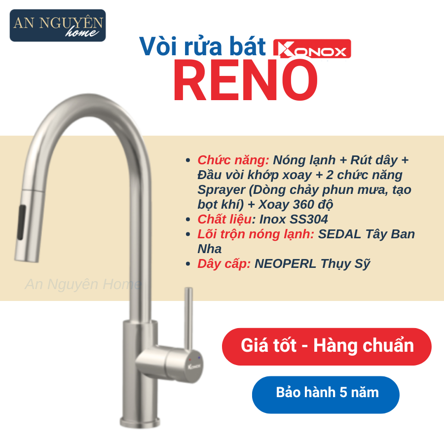 Vòi Konox Reno - Vòi dây rút nóng lạnh bán chạy của Konox