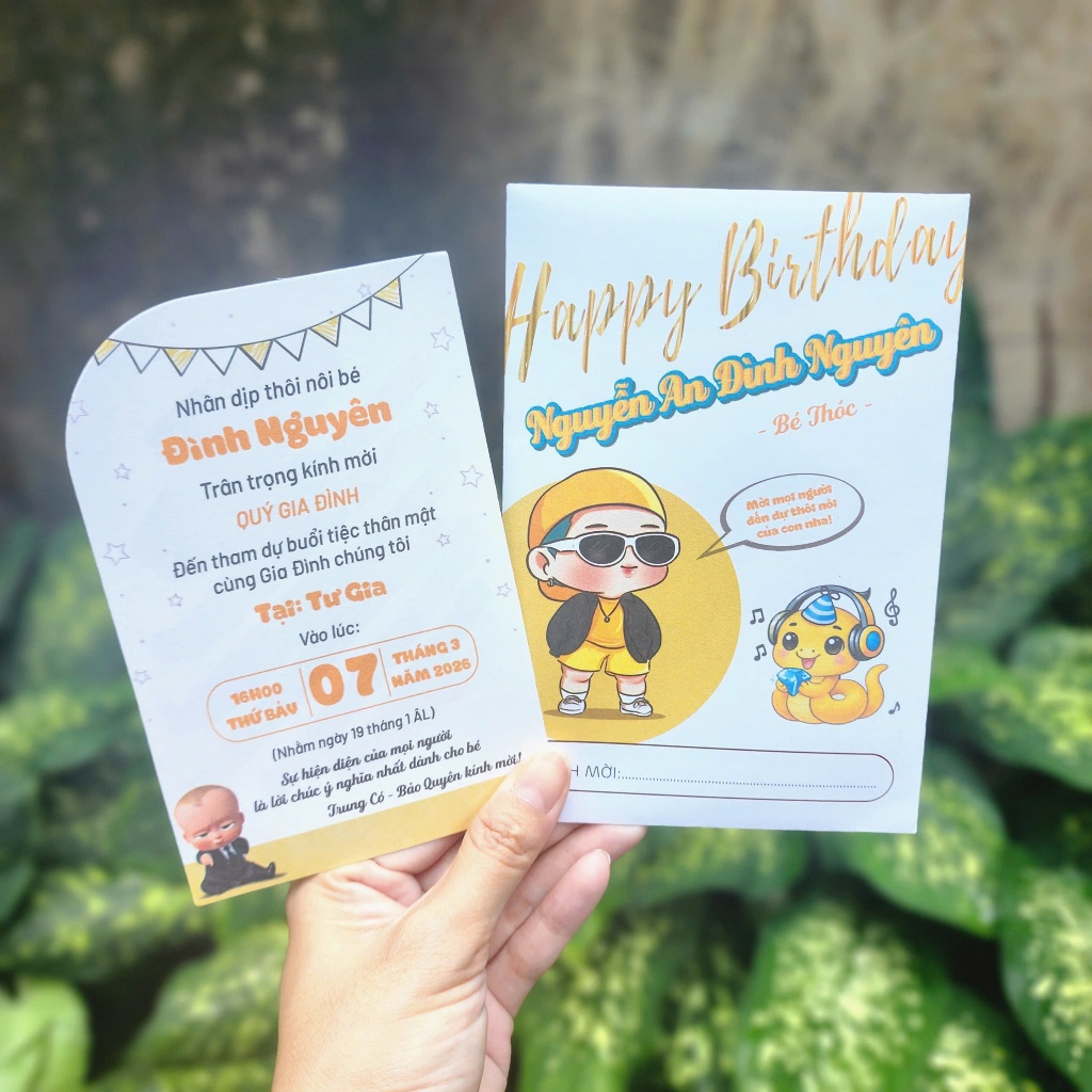 [COMBO 30 - 40 - 50 - 100 THIỆP] Thiệp mời thôi nôi, sinh nhật, đầy tháng bé trai và chú rắn vàng sành điệu