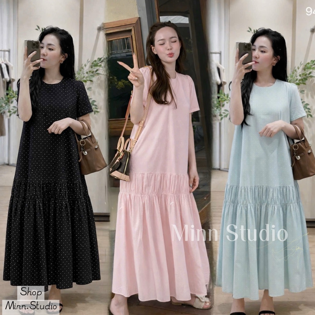 [Minn.studio] Váy Suông Chấm Bi Đuôi Cá May Nhún . Váy Thô Hàn Phom Maxi 125cm (Min/Chin.Studio)