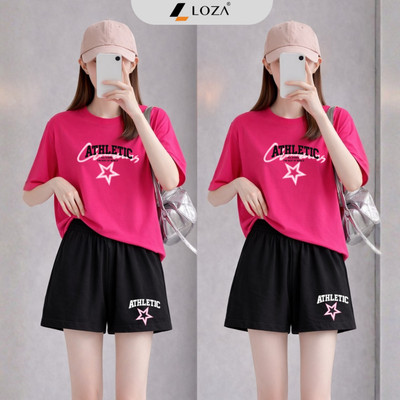 Bộ đồ nữ Loza dáng rộng in chữ ATHLETIC chất liệu thun cotton TB35-BP589