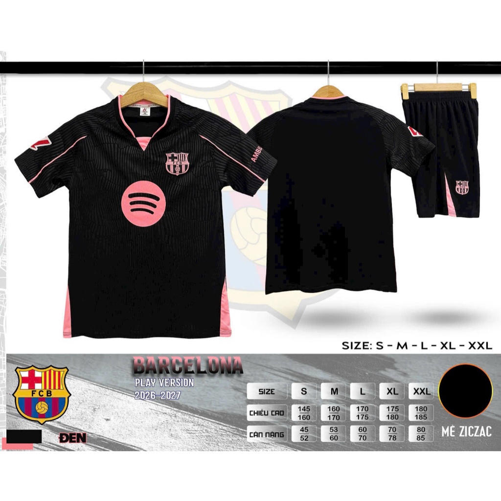 Quần Áo Đá Banh Barca Đen Hồng  (Có In Tên Số) Thun Mè Cao Cấp Logo Thêu Nam Nữ