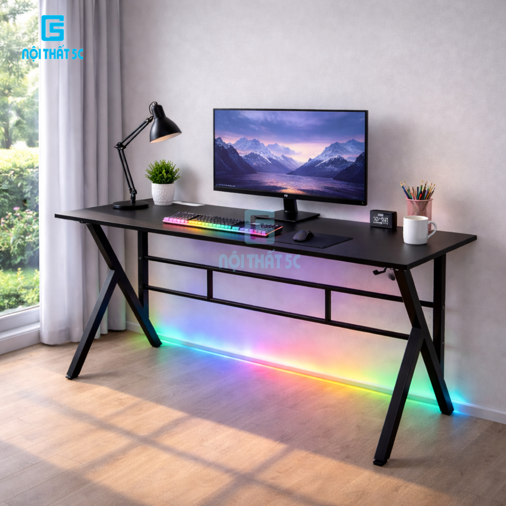 Bàn Làm Việc, Bàn Gaming Nội Thất 5C chân chữ K nhiều phiên bản, mặt gỗ 1m2,1m thiết kế cá tính,chân