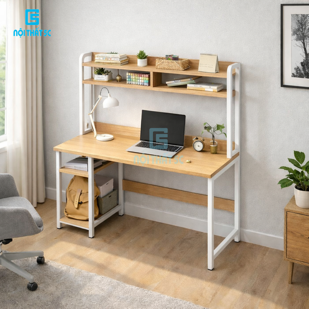 [Livestream] Bàn làm việc, bàn học có giá sách Nội Thất 5C BH-073 hiện đại, chân sắt 25x25mm, mặt gỗ MDF dày 15mm