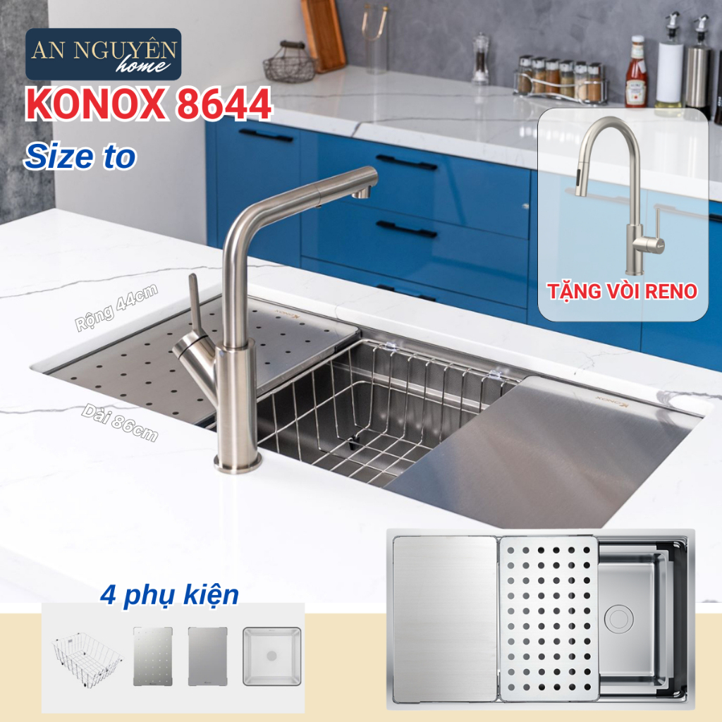 Chậu rửa bát 1 hố chống xước Konox KN8644SU Dekor Tặng vòi Konox Reno