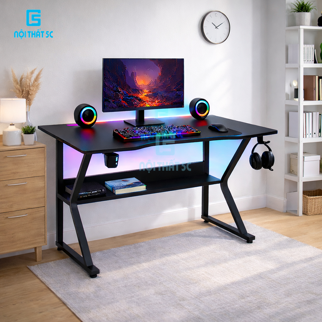 Bàn gaming, bàn làm việc Nội Thất 5C thiết kế hiện đại, kèm LED kèm kệ ửng để đồ tiện lợi thông minh